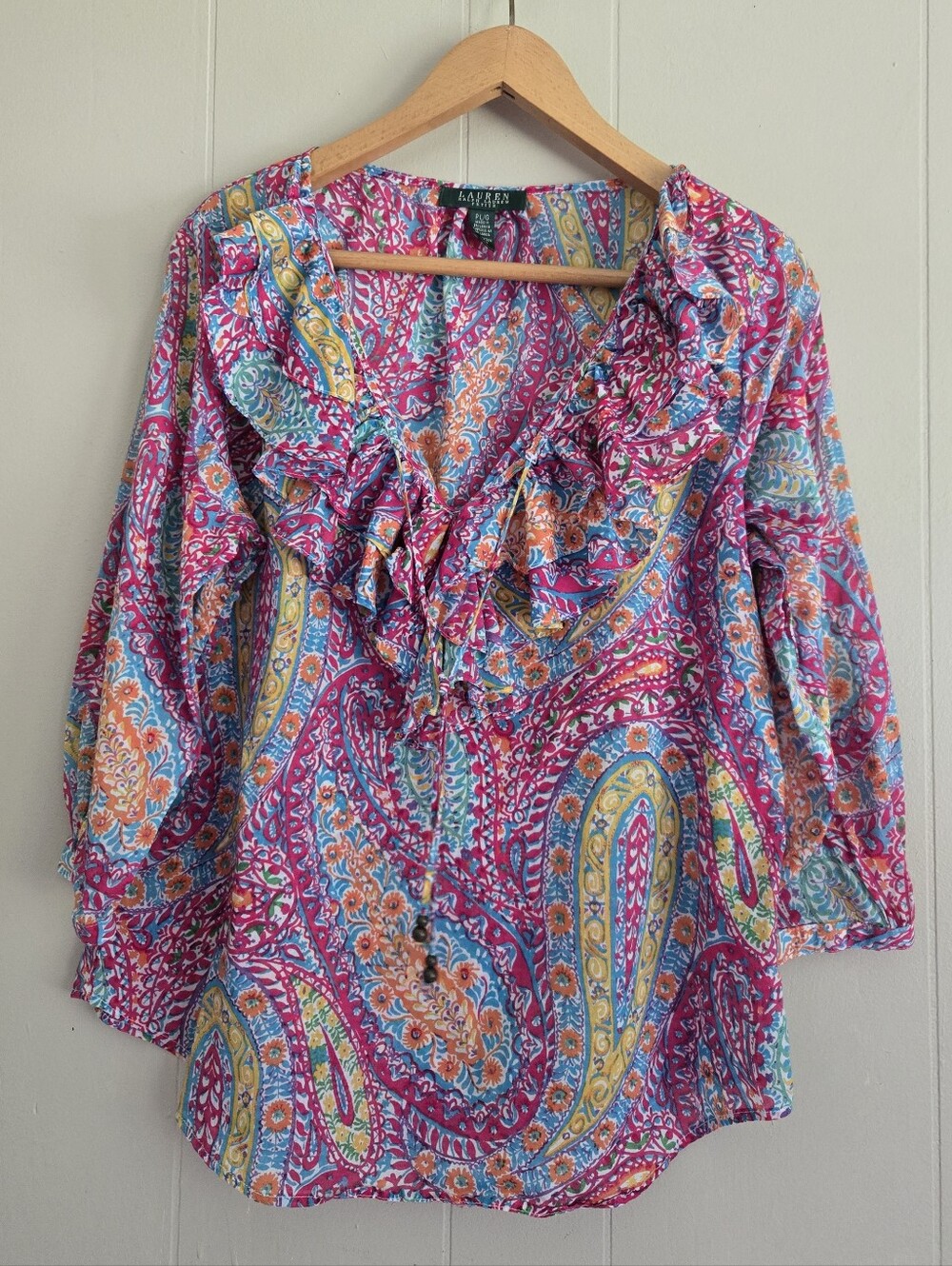 LAUREN Ralph Lauren Paisley Boho Peasant Blouse Top Ruffle Flounce Western LP